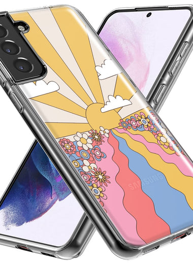 Mundaze - Case for Samsung Galaxy S22 Ultra Slim Shockproof Hard Shell Soft TPU Heavy Duty Protective Phone Cover - Retro Sunset Flower Field