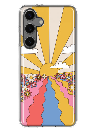 Mundaze - Case for Samsung Galaxy S24 Plus Slim Shockproof Hard Shell Soft TPU Heavy Duty Protective Phone Cover - Retro Sunset Flower Field