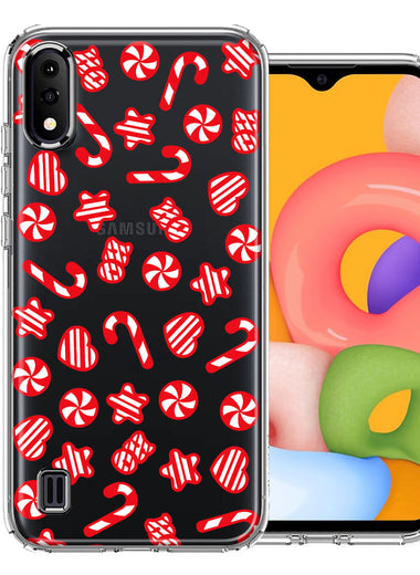 Samsung Galaxy A01 Christmas Winter Red White Peppermint Candies Swirls Candycanes Design Double Layer Phone Case Cover