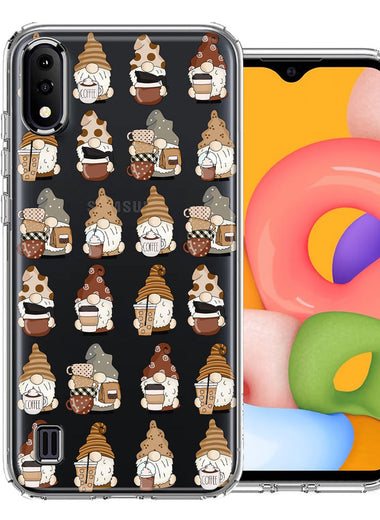 Samsung Galaxy A01 Cute Morning Coffee Lovers Gnomes Characters Drip Iced Latte Americano Espresso Brown Double Layer Phone Case Cover