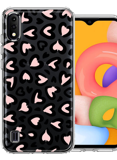 Samsung Galaxy A01 Cute Pink Leopard Print Hearts Valentines Day Love Double Layer Phone Case Cover
