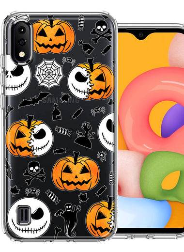 Samsung Galaxy A01 Halloween Jack-O-Lantern Pumpkin Skull Spooky Design Double Layer Phone Case Cover