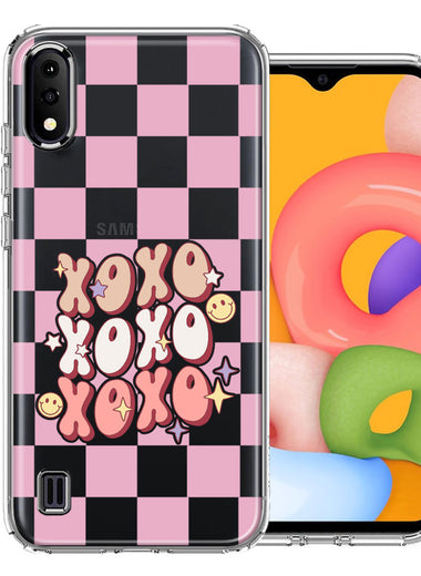 Samsung Galaxy A01 Retro Pink Checkered XOXO Vintage 70s Style Hippie Valentine Love Double Layer Phone Case Cover