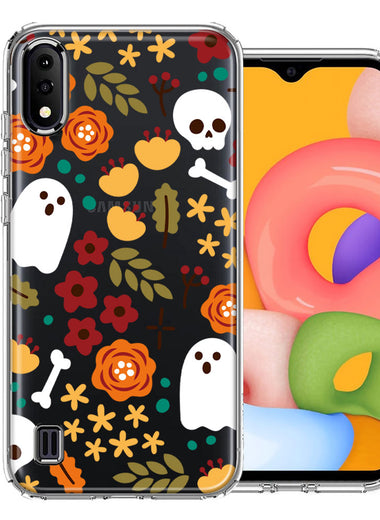 Samsung Galaxy A01 Spooky Season Fall Autumn Flowers Ghosts Skulls Halloween Double Layer Phone Case Cover