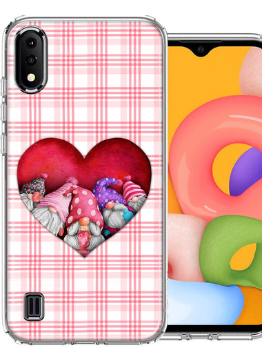 Samsung Galaxy A01 Valentine's Day Garden Gnomes Heart Love Pink Plaid Double Layer Phone Case Cover