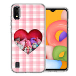 Samsung Galaxy A01 Valentine's Day Garden Gnomes Heart Love Pink Plaid Double Layer Phone Case Cover