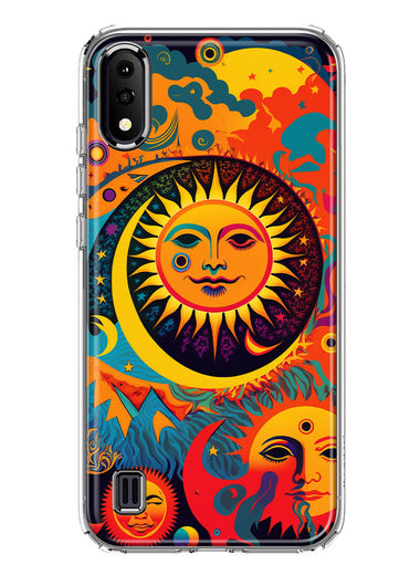 Samsung Galaxy A01 Neon Rainbow Psychedelic Indie Hippie Sun Moon Hybrid Protective Phone Case Cover