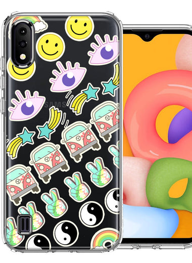 Samsung Galaxy A01 70's Yin Yang Hippie Happy Peace Stars Design Double Layer Phone Case Cover