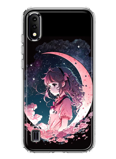 Samsung Galaxy A01 Kawaii Manga Pink Cherry Blossom Dreaming Moon Girl Hybrid Protective Phone Case Cover
