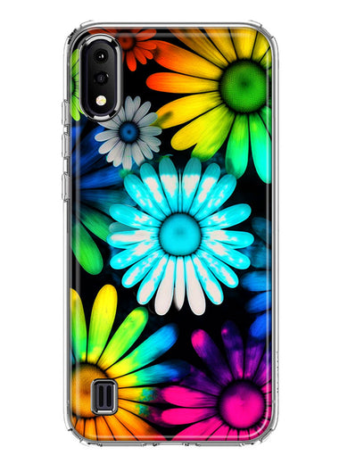 Samsung Galaxy A01 Neon Rainbow Daisy Glow Colorful Daisies Baby Blue Pink Yellow White Double Layer Phone Case Cover