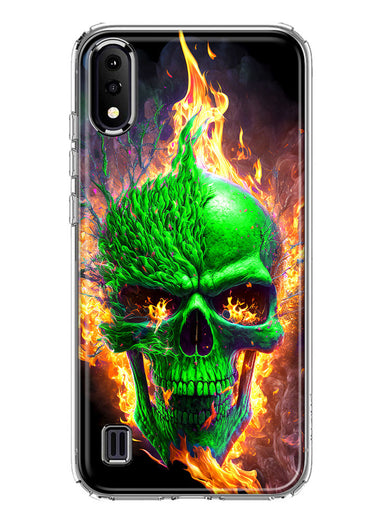 Samsung Galaxy A01 Green Flaming Skull Burning Fire Double Layer Phone Case Cover