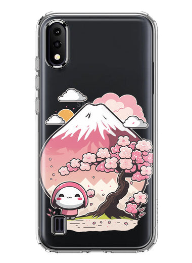 Samsung Galaxy A01 Kawaii Manga Pink Cherry Blossom Fuji Mountain Mochi Girl Hybrid Protective Phone Case Cover