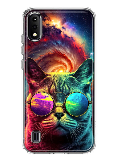 Samsung Galaxy A01 Neon Rainbow Galaxy Cat Hybrid Protective Phone Case Cover