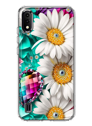 Samsung Galaxy A01 Colorful Crystal White Daisies Rainbow Gems Teal Double Layer Phone Case Cover