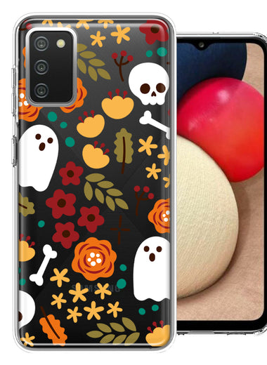 Samsung Galaxy A03S Spooky Season Fall Autumn Flowers Ghosts Skulls Halloween Double Layer Phone Case Cover