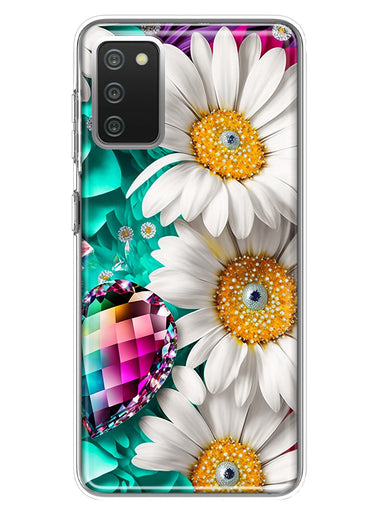 Samsung Galaxy A02S Colorful Crystal White Daisies Rainbow Gems Teal Double Layer Phone Case Cover