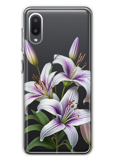 Samsung Galaxy A02 White Lavender Lily Purple Flowers Floral Hybrid Protective Phone Case Cover