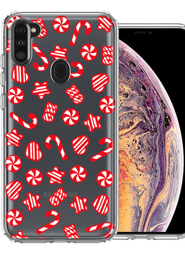 Samsung Galaxy A11 Christmas Winter Red White Peppermint Candies Swirls Candycanes Design Double Layer Phone Case Cover