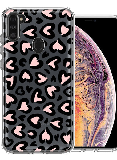 Samsung Galaxy A11 Cute Pink Leopard Print Hearts Valentines Day Love Double Layer Phone Case Cover