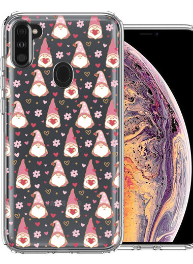 Samsung Galaxy A11 Pink Blush Valentines Day Flower Hearts Gnome Characters Cute Double Layer Phone Case Cover