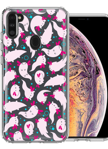Samsung Galaxy A11 Pink Happy Swimming Axolotls Polka Dots Double Layer Phone Case Cover