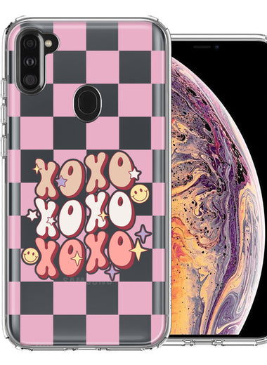 Samsung Galaxy A11 Retro Pink Checkered XOXO Vintage 70s Style Hippie Valentine Love Double Layer Phone Case Cover