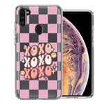 Samsung Galaxy A11 Retro Pink Checkered XOXO Vintage 70s Style Hippie Valentine Love Double Layer Phone Case Cover