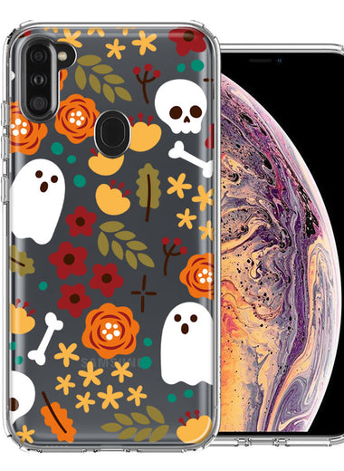 Samsung Galaxy A11 Spooky Season Fall Autumn Flowers Ghosts Skulls Halloween Double Layer Phone Case Cover