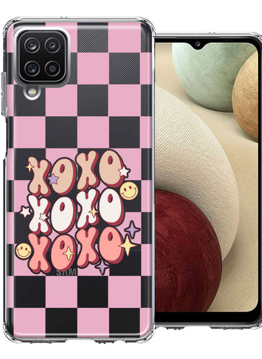 Samsung Galaxy A12 Retro Pink Checkered XOXO Vintage 70s Style Hippie Valentine Love Double Layer Phone Case Cover