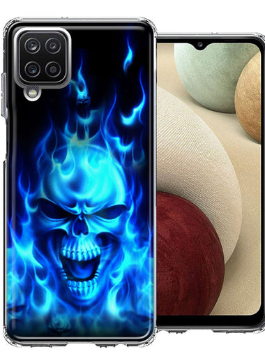Samsung Galaxy A12 Blue Flaming Skull Double Layer Phone Case Cover