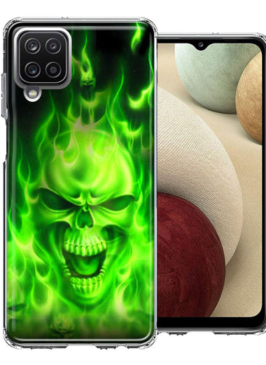 Samsung Galaxy A12 Green Flaming Skull Double Layer Phone Case Cover