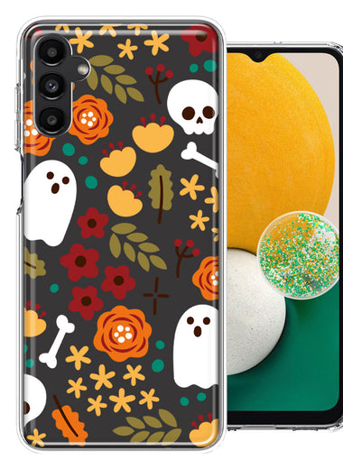 Samsung Galaxy A13 Spooky Season Fall Autumn Flowers Ghosts Skulls Halloween Double Layer Phone Case Cover