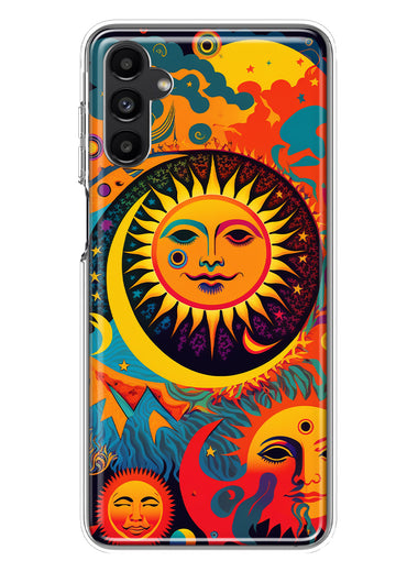 Samsung Galaxy A13 Neon Rainbow Psychedelic Indie Hippie Sun Moon Hybrid Protective Phone Case Cover