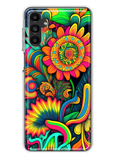 Samsung Galaxy A14 5G Neon Rainbow Psychedelic Indie Hippie Sunflowers Hybrid Protective Phone Case Cover