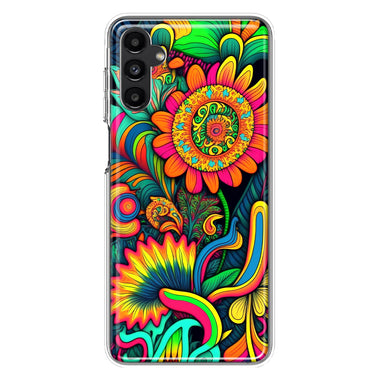 Samsung Galaxy A14 5G Neon Rainbow Psychedelic Indie Hippie Sunflowers Hybrid Protective Phone Case Cover