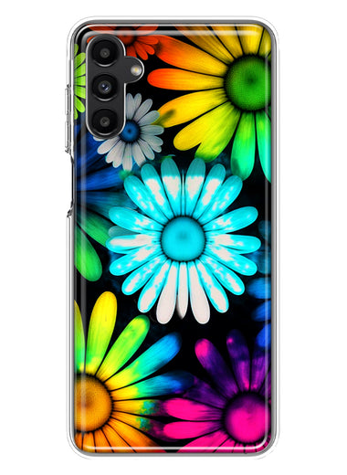Samsung Galaxy A13 Neon Rainbow Daisy Glow Colorful Daisies Baby Blue Pink Yellow White Double Layer Phone Case Cover