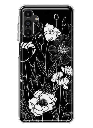 Samsung Galaxy A14 5G Line Drawing Art White Floral Flowers Hybrid Protective Phone Case Cover