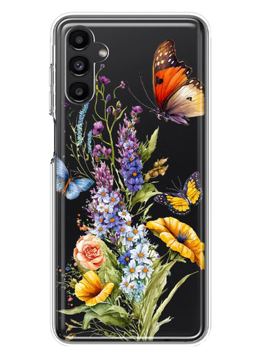Samsung Galaxy A13 Yellow Purple Spring Flowers Butterflies Floral Hybrid Protective Phone Case Cover