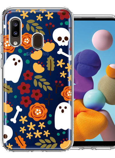 Samsung Galaxy A20 Spooky Season Fall Autumn Flowers Ghosts Skulls Halloween Double Layer Phone Case Cover