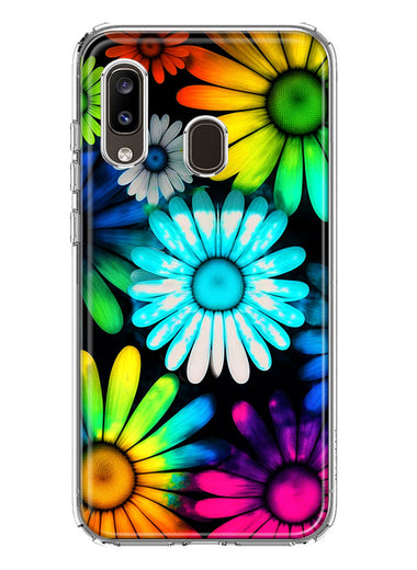 Samsung Galaxy A20 Neon Rainbow Daisy Glow Colorful Daisies Baby Blue Pink Yellow White Double Layer Phone Case Cover