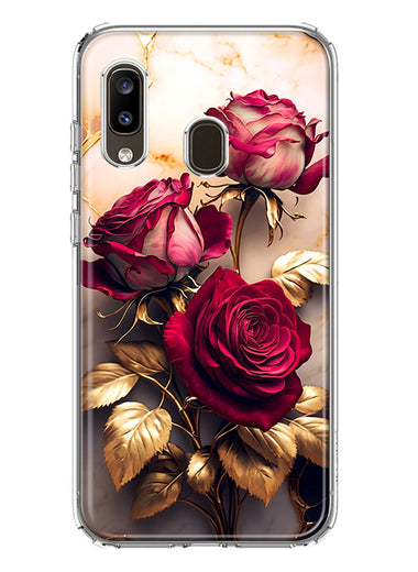 Samsung Galaxy A20 Romantic Elegant Gold Marble Red Roses Double Layer Phone Case Cover