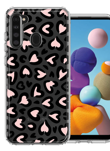 Samsung Galaxy A21 Cute Pink Leopard Print Hearts Valentines Day Love Double Layer Phone Case Cover