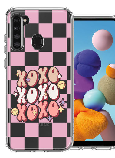 Samsung Galaxy A21 Retro Pink Checkered XOXO Vintage 70s Style Hippie Valentine Love Double Layer Phone Case Cover