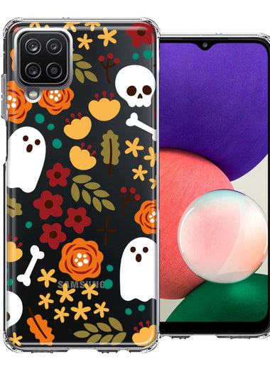 Samsung Galaxy A22 5G Spooky Season Fall Autumn Flowers Ghosts Skulls Halloween Double Layer Phone Case Cover