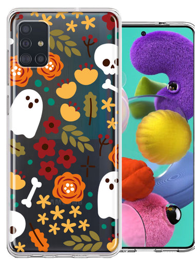 Samsung Galaxy A51 Spooky Season Fall Autumn Flowers Ghosts Skulls Halloween Double Layer Phone Case Cover