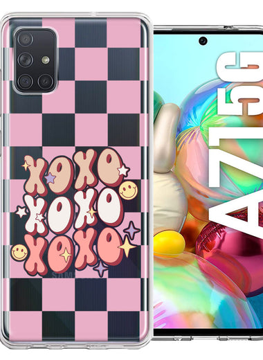 Samsung Galaxy A71 4G Retro Pink Checkered XOXO Vintage 70s Style Hippie Valentine Love Double Layer Phone Case Cover