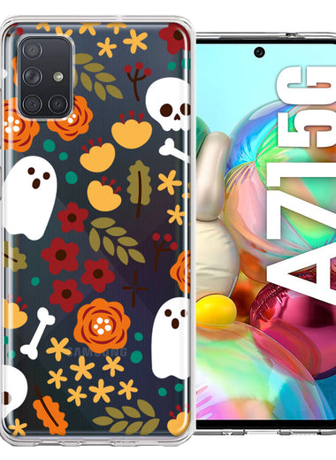 Samsung Galaxy A71 5G Spooky Season Fall Autumn Flowers Ghosts Skulls Halloween Double Layer Phone Case Cover