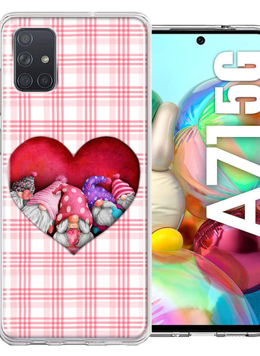 Samsung Galaxy A71 5G Valentine's Day Garden Gnomes Heart Love Pink Plaid Double Layer Phone Case Cover