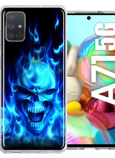 Samsung Galaxy A71 5G Blue Flaming Skull Double Layer Phone Case Cover