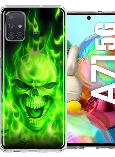 Samsung Galaxy A71 5G Green Flaming Skull Double Layer Phone Case Cover